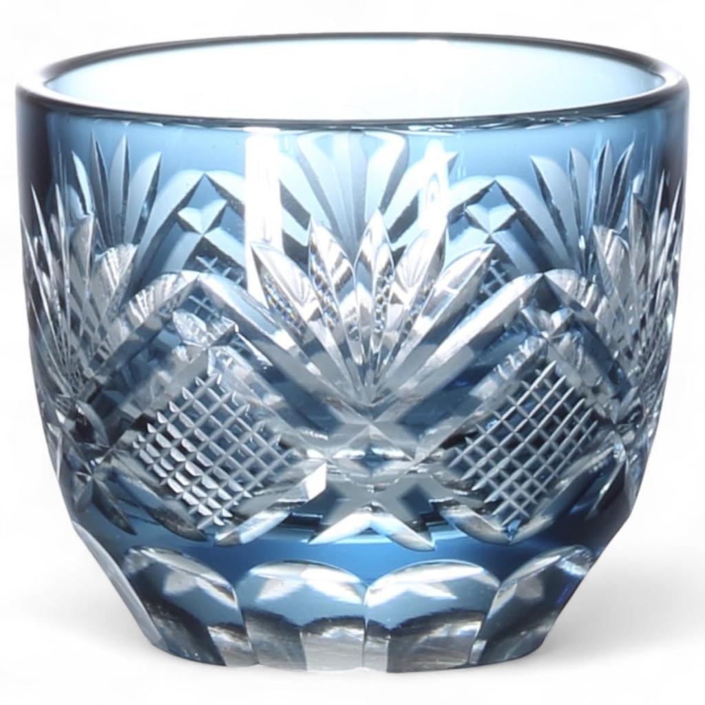 Mizukage Kiriko Glass Sake 60mm Diameter X 50mm Flower and Arrow Ink Current Model J-kitchens Cup, Cup, Height, 70cc, Design, Blue, Bisho,