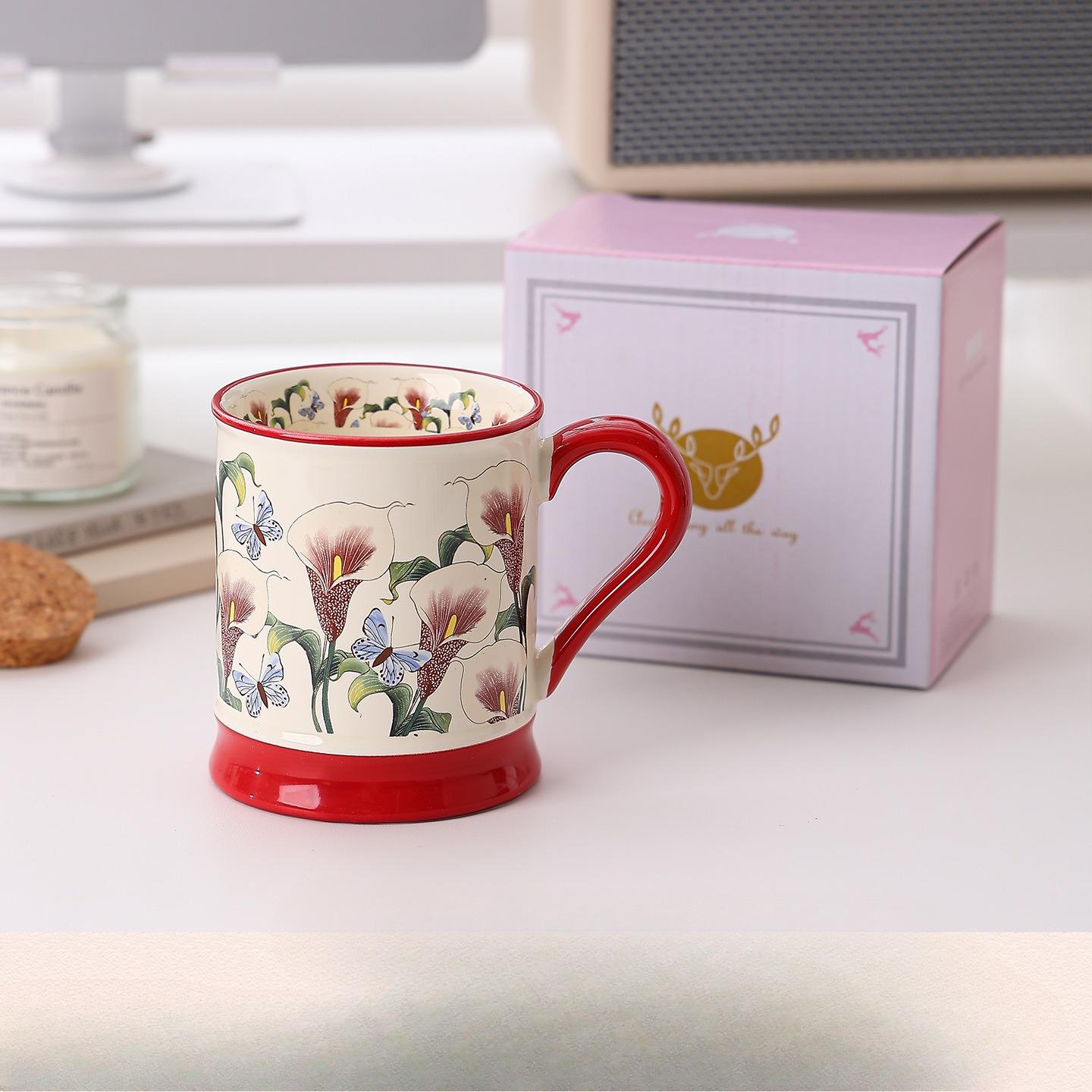 

Flowery High End Ceramic Water Cup High Looking Breakfast Cup New Simple Mug Souvenir Drinking Cup 301-400ml