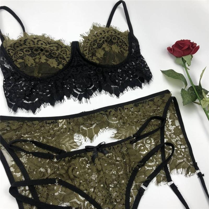 Sexy lingerie set with lace patchwork and sexy three piece lace lingerie with hollow out straps for women's lingerie set