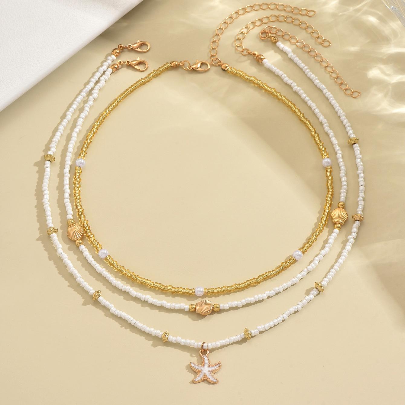 

3pcs Bohemian Beaded Necklace Set - Starfish + Beads + Combination, Super Beachy Layered Chain for Layering or Single Wear 3 Piece Set