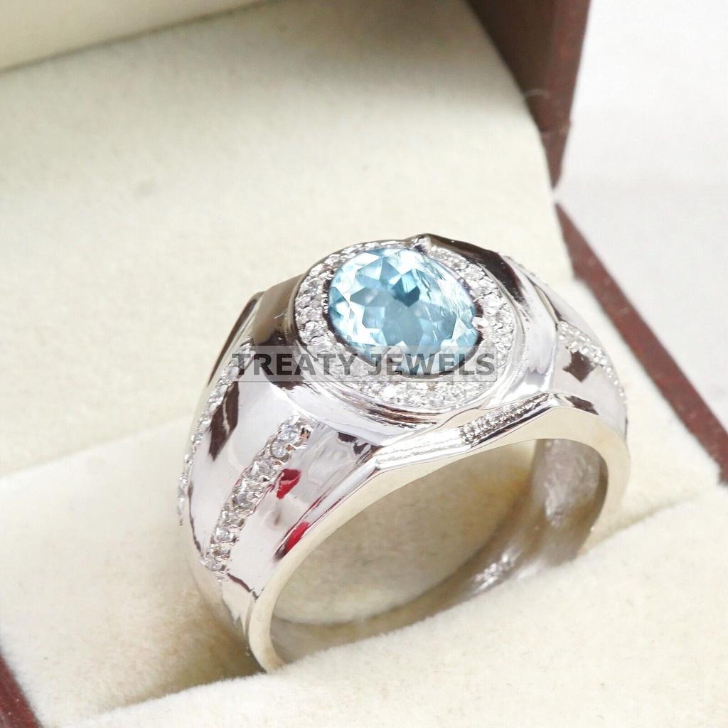 Aquamarine Oval Cut Gemstone With 925 Sterling Silver Ring For Men's #A767 JL375659118117