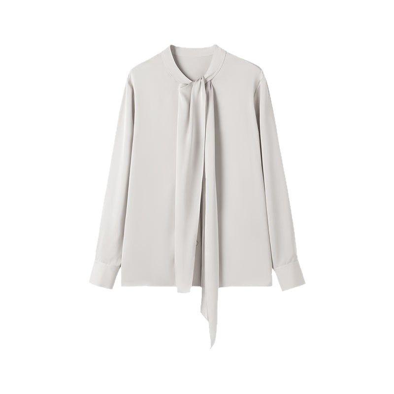 Women's Spring Ribbon Silk Blouse - Long Sleeve, Mid-Length, Slim Fit, Solid Color.