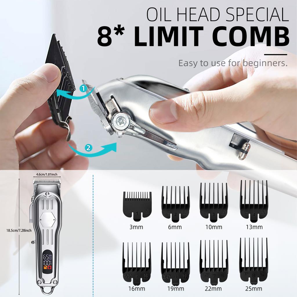 Upgrade Low Noise Dog Clippers for Thick Hair: Rechargeable Metal Blade, 8 Combs, Grooming Kit for Curly Hair (Silvery)