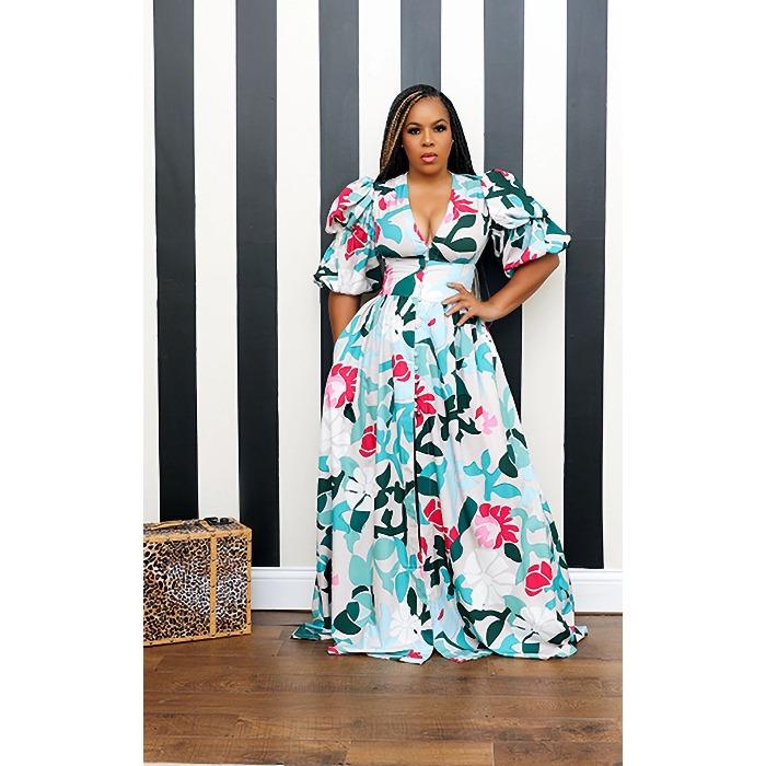 Spring and Summer New European and American Women's Clothing Sexy V-neck Waist Printing Bubble Sleeve Split Dress Long Dress