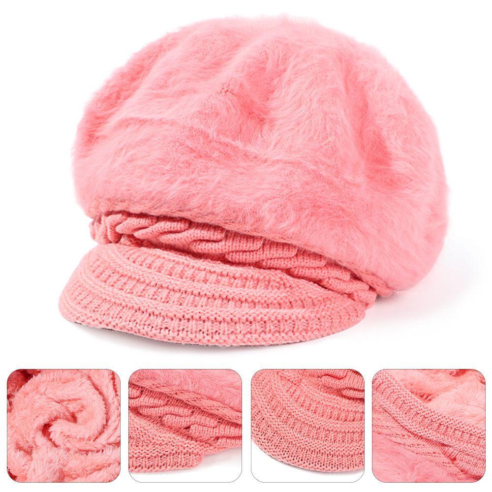 Women Casual Vintage Plush Skullcap Knitted Visor Beret Hat Beanie Hat
