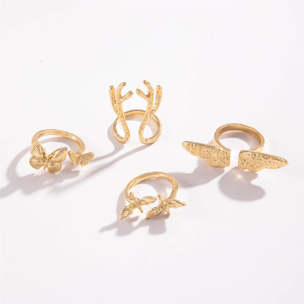 Personalized design gold butterfly antler ring Stylish and versatile bird wing opening ring four-piece set