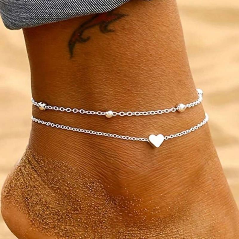 Single-piece Silver Double-layered Heart Anklet. A Unique and Simple Beach Accessory, Suitable for Seaside Vacations and Leisure