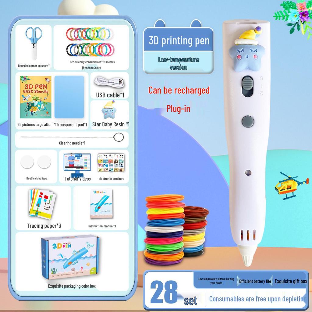 Rechargeable 1.75mm Low-Temperature 3D Printing Pen for Kids - Ideal Educational Gift