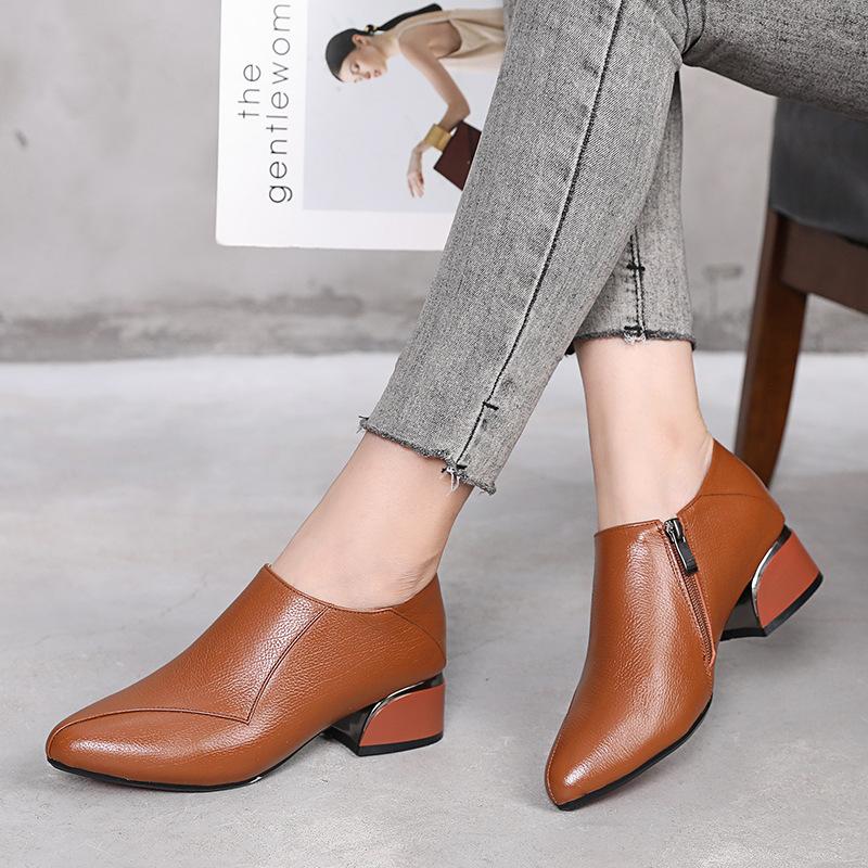 Genuine Leather Women's Shoes 2025 Autumn New Thick Heels Women's Pumps Shoes Pointed Cowhide Women's Single Shoes Size 32-43