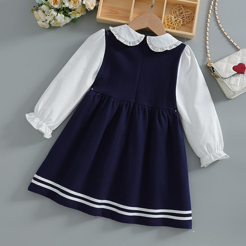 Toddler Girls' School Style Dress Navy Blue White Ruffle Collar Puff Long Sleeves 2-6 Years Kids Dress
