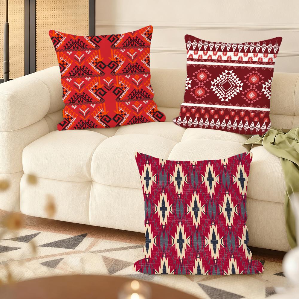 Red Tribal Aztec Kilim Pattern Cushion Cover Soft Short Plush Pillow Cover Smooth Cozy Texture Aesthetic Cushion Case Home Decor