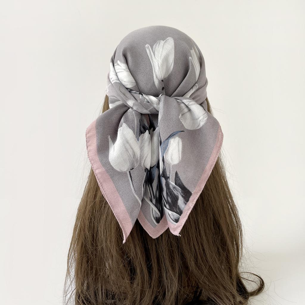 Light Luxury Retro Flower Printing Silk Hair Soft Feel Headscarf Scarf Silk Scarf Spring and Autumn Women Chinese Square Scarf