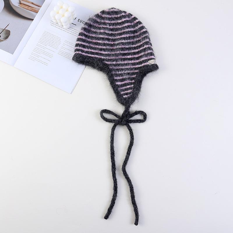Retro Koreanischer Stil Mohair Gestreifte Strick Ohrenklappenmütze für Damen - Niedlich und Warm für Herbst/Winter