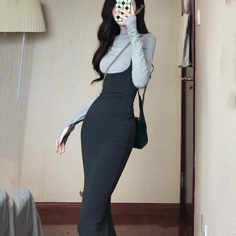 Set Fashion Straps Fishtail Long Skirt Autumn High Waist Slim Package Hip Dresses For Women