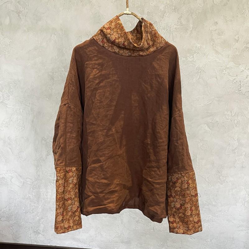 

Johnature Винтажные женские водолазки, лоскутные цветные, с длинным рукавом, осенние свободные женские футболки One Size света кофе