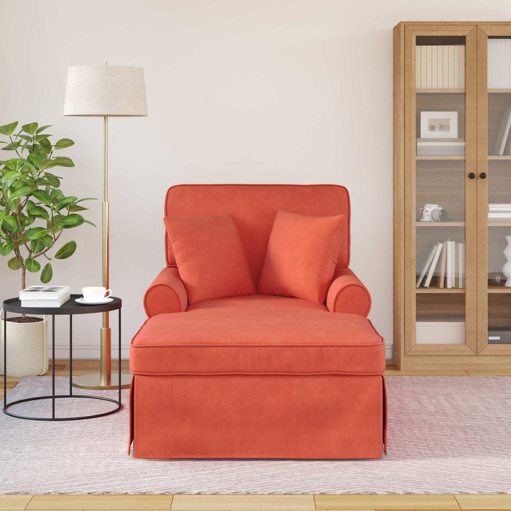 Reclining Chaise Lounge with Cushions 3 Piece Set Red Orange Corduroy Fabric