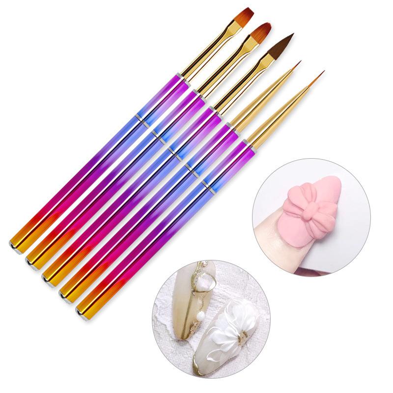 5pcs Nail Art Metal Handle Acrylic UV Gel Extension Builder Petal Flower Painting Drawing Brush Manicure Tools