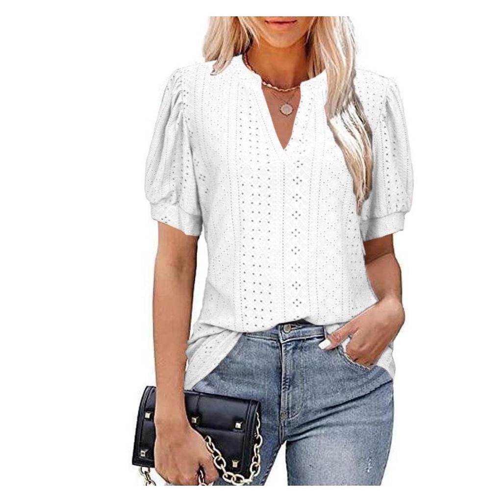 Women's V-neck Tops Short Sleeve T-shirts With Cut Out Lace Detail