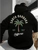 Men Fleece Hoodie Vintage Coconut Palm Tree SANTA BARBARA EST.1987 California Cursive Back Print Black Casual Pullover