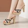 Plus Size 32-43 Open Head Block Heel Platform Slippers Summer 2025 Stripe Elegant High Heels Slides Office Party Shoes