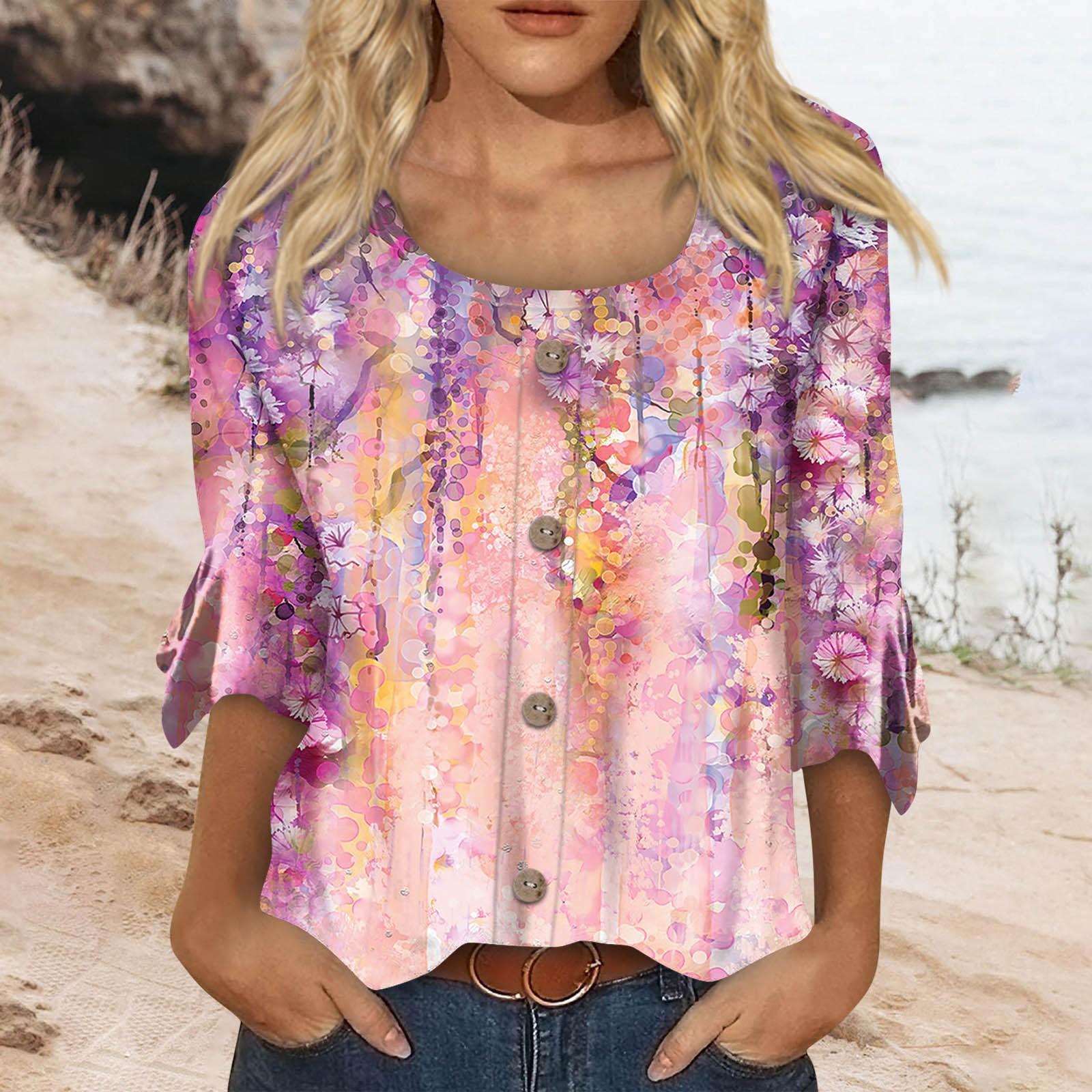 

Женский модный повседневный топ на пуговицах с рукавом три четверти с цветочным принтом и круглым вырезом XXL розовый
