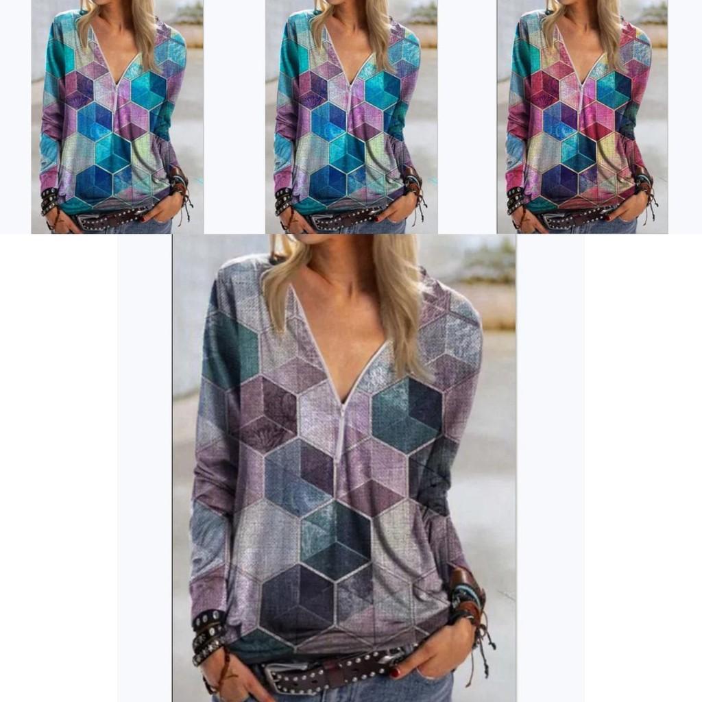 Stylish Women's V Neck Zipper Blouse Shirt Casual Pullover Jumper Tops For Every Occasion