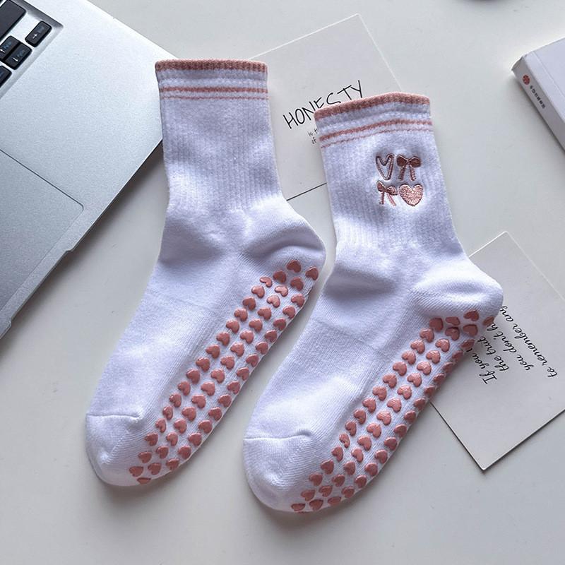 Non-Slip Professional Yoga Pilates Socks Women Fruit Embroidery Mid-Calf Sports Socks Customizable
