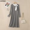 VONDA Autumn Women Long Sleeve Stitching Texture Rib Knitted Casual Bodycon Long Dress