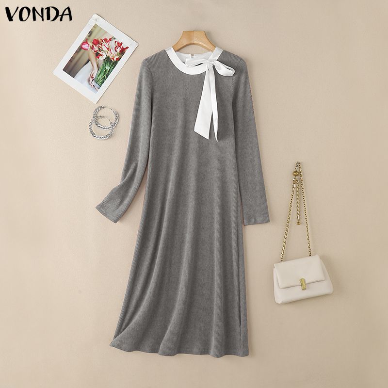 VONDA Autumn Women Long Sleeve Stitching Texture Rib Knitted Casual Bodycon Long Dress