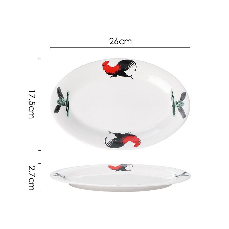 Ceramic Retro Rooster Oval Fish Serving Plate for Microwave & Hotel Use