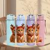 1PC Reindeer Kitten Winter Cute Print 750ml Color Plastic Sports Water Bottle Leakproof Flip Straw Lid Suitable for Sports Office Home Use