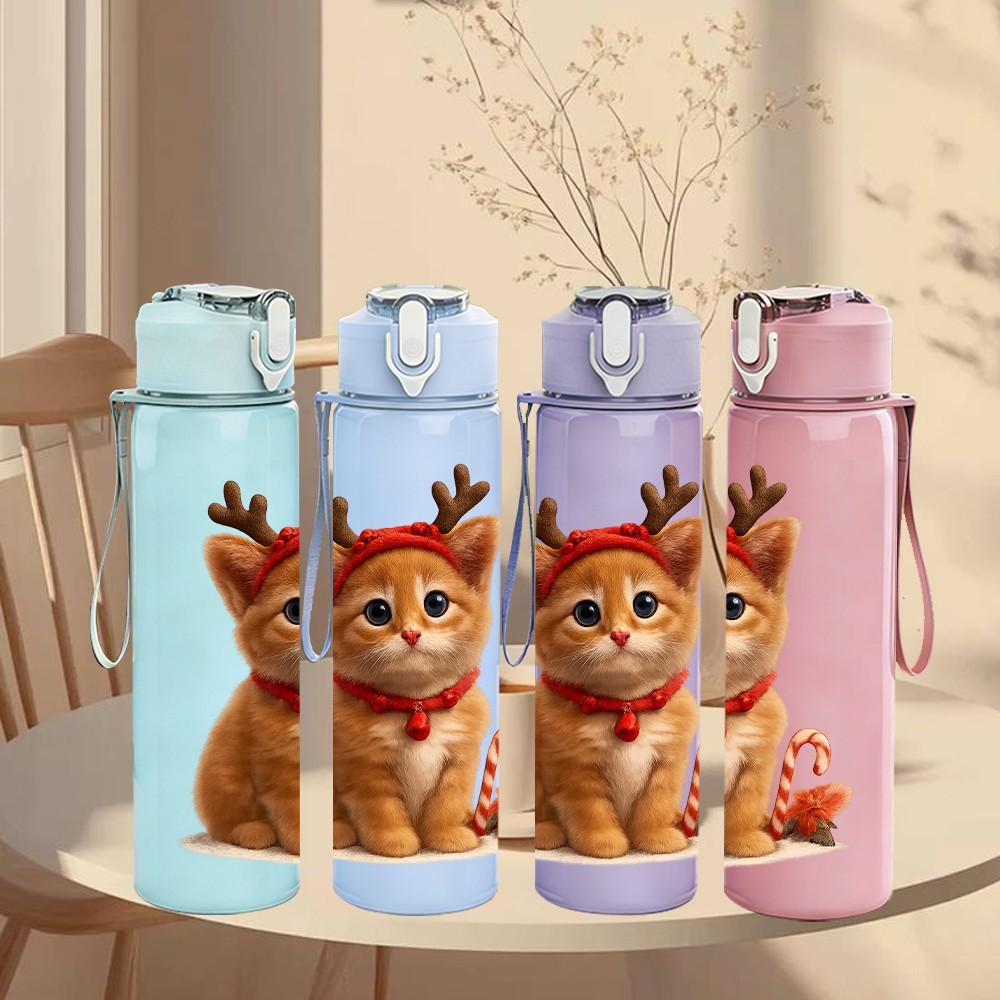 1PC Reindeer Kitten Winter Cute Print 750ml Color Plastic Sports Water Bottle Leakproof Flip Straw Lid Suitable for Sports Office Home Use