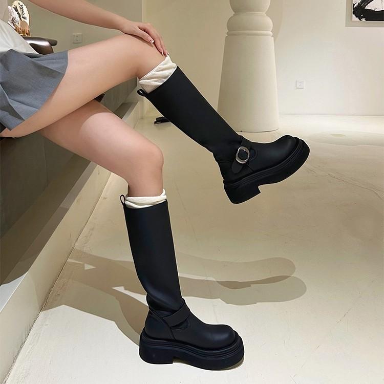 Version Cuir de Vache~ Boucle de Ceinture Mais Bottes au Genou Femme Tête Ronde Polyvalentes Semelle Épaisse Rehaussantes Noires Hautes Bottes de Chevalier Femme