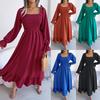 Robe unie à col carré, taille haute, élégante, à bords en feuilles de lotus, pour femmes, manches pagodes, ample, décontractée