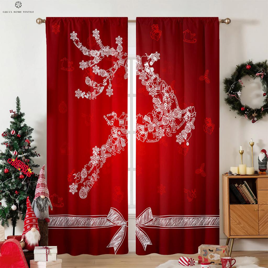 Perdele de Crăciun cu Imprimeu Fulg de Nea și Elan cu Aspect de Lemn, Perdele Decorative în Stil Retro Country pentru Dormitor, Living, 2 Buc.