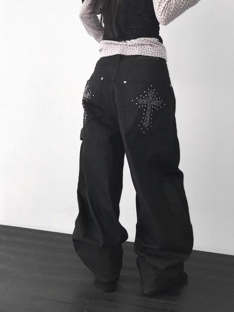 Y2K Retro High Street Hip Hop Cross Pattern Denim Pants