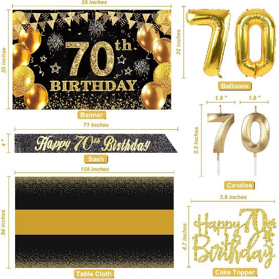 70th Birthday Decorations Men Women with 70th Birthday Banner, Black and Gold Table Cloth,Number Balloons, Large Sash, Cake Topper and Candles