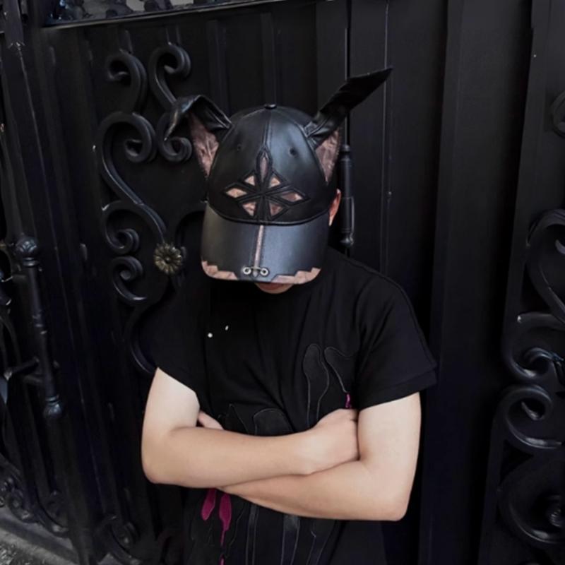 2000er Hundeohren Baseballkappe für Damen Herren Dystopische PU-Lederkappe Subkulturen Streetwear HipHop-Kappe Tägliche Party Kopfbedeckung