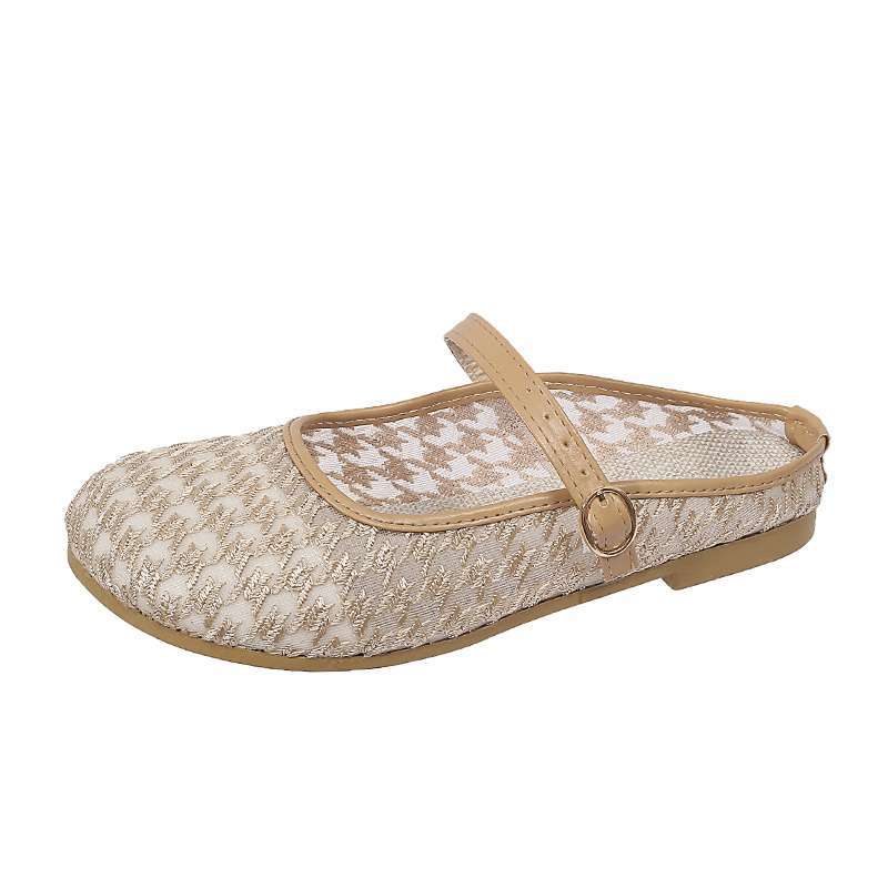 

Mesh bag head half slippers female 2025 summer new flat-bottomed breathable single shoes fairy wind soft sole Doudou cool slippers 35