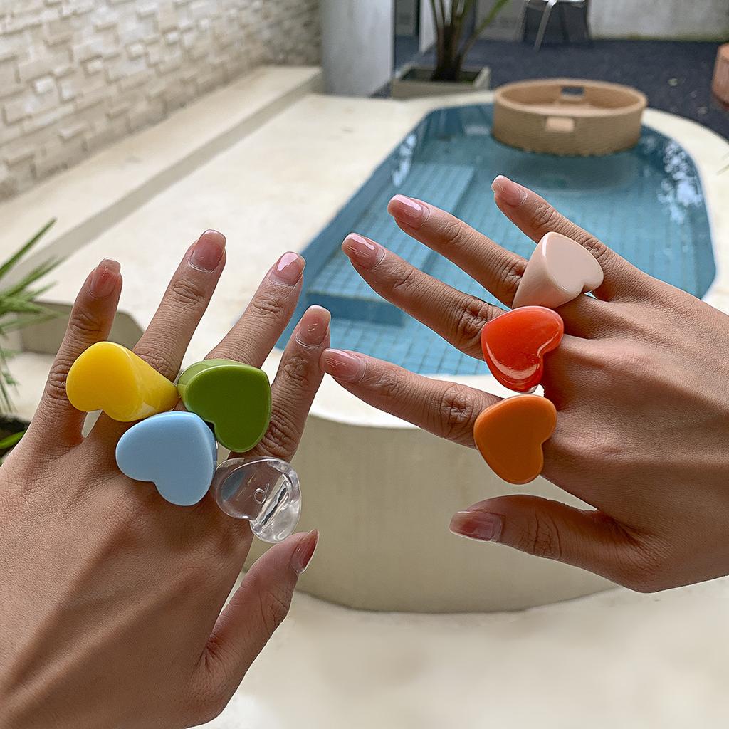 Anello Geometrico in Resina Color Caramella a Forma di Cuore di Pesca, Stile Vacanza, Gioielli da Donna