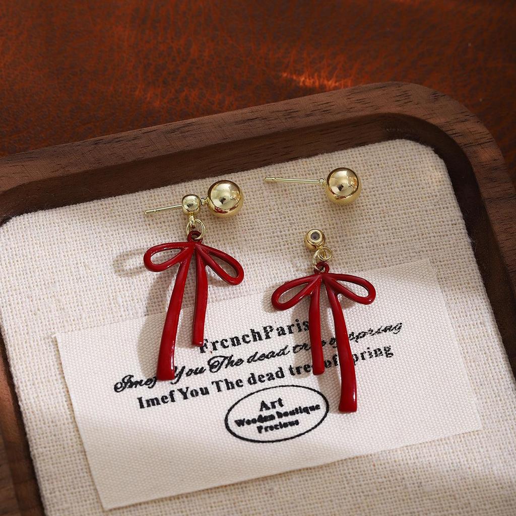 2024 Burgunderrote Ohrringe mit Schleife: Silbernadel, eleganter chinesischer Stil für Neujahr und Frühlingsfest