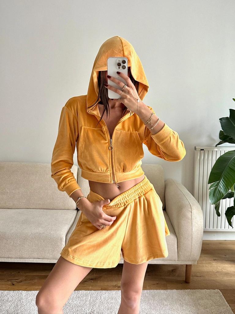 Casual European and American Women's Suit Long-sleeved Zipper Hooded Cardigan Loungewear Sports Elastic Shorts Two-piece Set