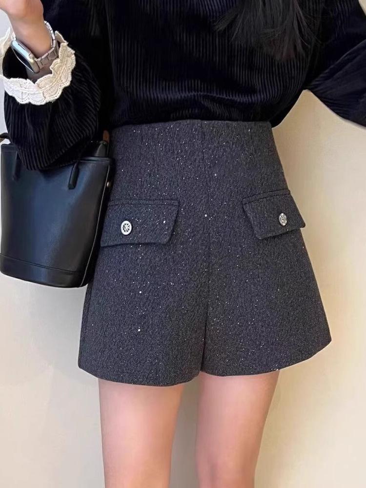 Women's High-Waisted Woolen Shorts - 2026 Autumn & Winter A-Line Wide-Leg Sequin Bootcut Pants