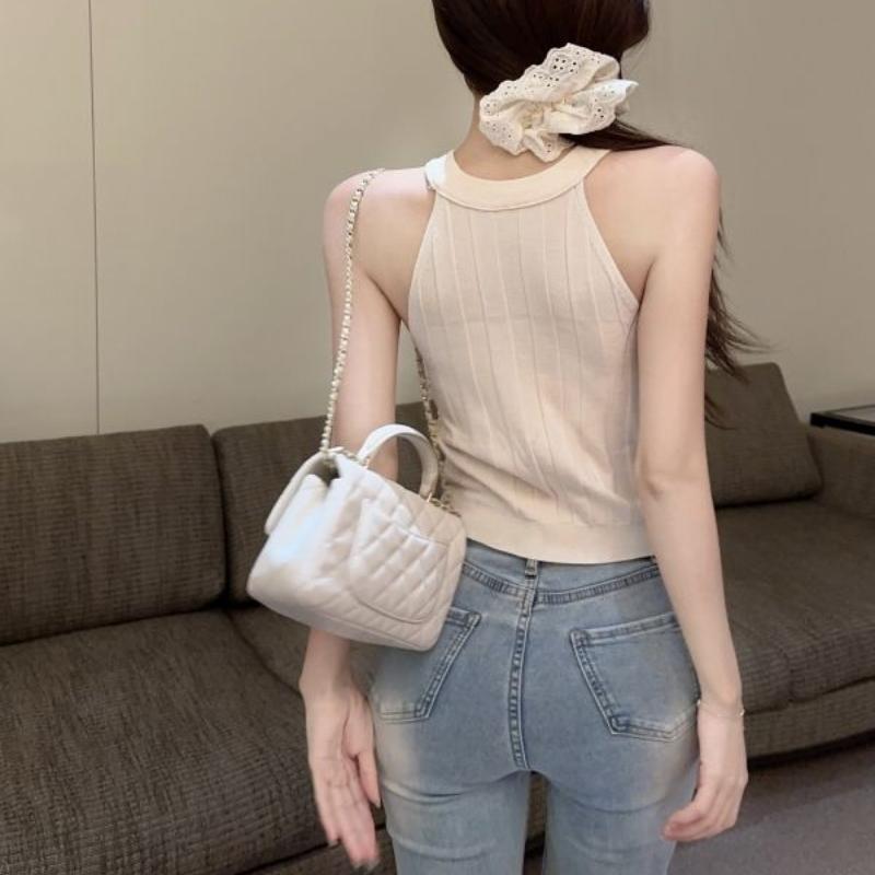 Summer Sexy Hot Girl Pearl Off-Shoulder Halter Knitted Vest Women's Base Layer Inner Wear Short Sleeveless Top