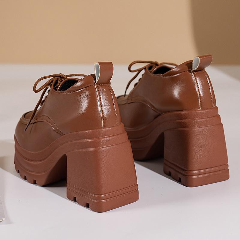 Women Heels Platform Square Lace Up Party Role Play Uniform Dress Shoe Fashion High Trifle Base Leather Loafers Lolita Mary Jane