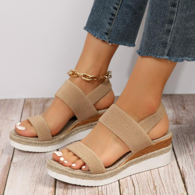 Women'S Sandals Wedge Platform Shoes Open Toe Solid Color Beach Shoes Hot Sale Non-Slip Sandals Slip On Elastic Fabric Sandals