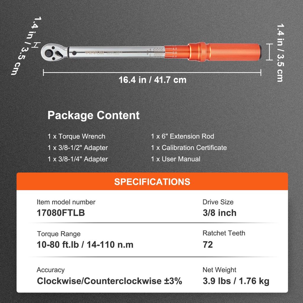 VEVOR Torque Wrench, 3/8-inch Drive Click Torque Wrench 10-80ft.lb/14-110n.m, Dual-Direction Adjustable Torque Wrench Set