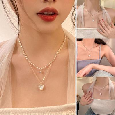 Double Layer Fashion Kpop Heart Pearl Choker Necklace Clavicle For Women Wedding Jewelry Elegan G4J0