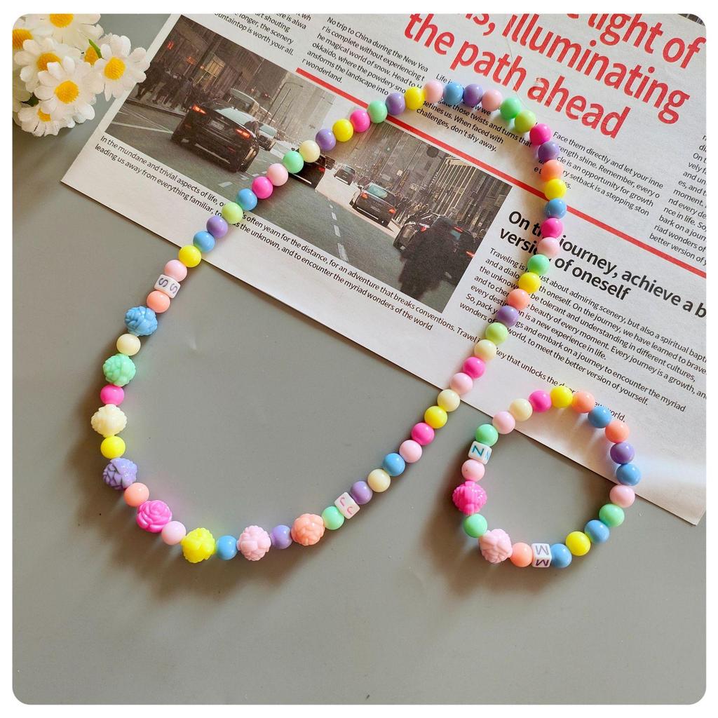 Korean Cartoon Kids' Candy Color Beaded Necklace & Bracelet Set with Flower Bowknot & Hanger