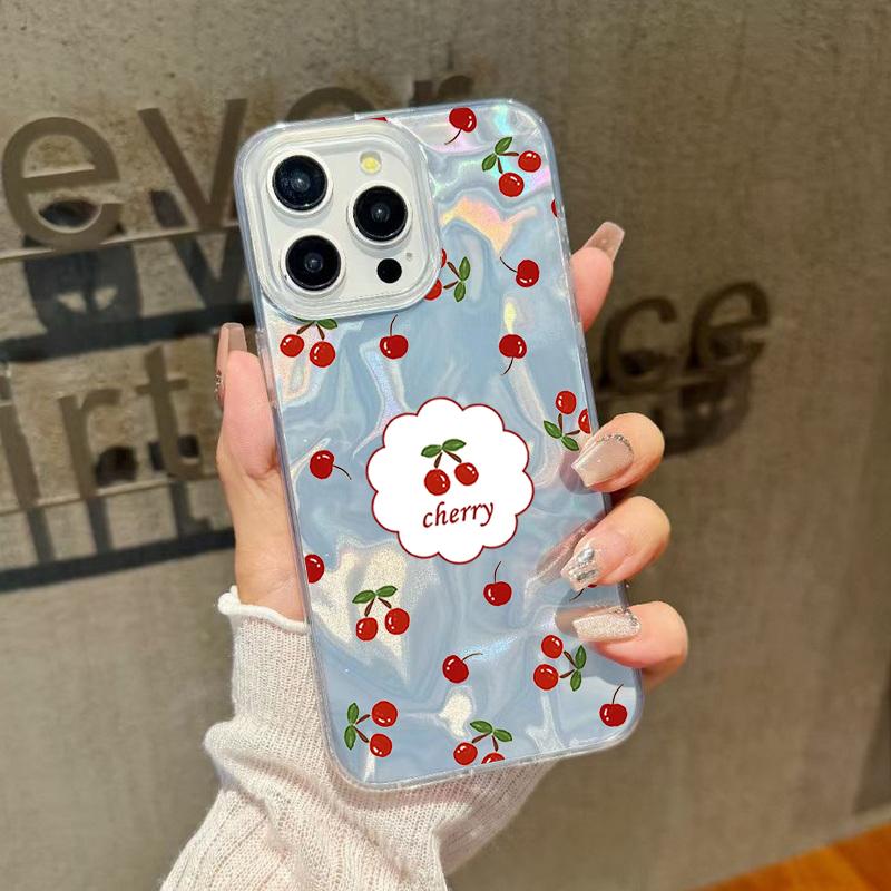 Little Cherry Print Luxury Glitter Case For iPhone 16 Pro Max 15 Pro 14 13 12 11 Hybrid TPU PC Clear Shockproof Slim Phone Cover